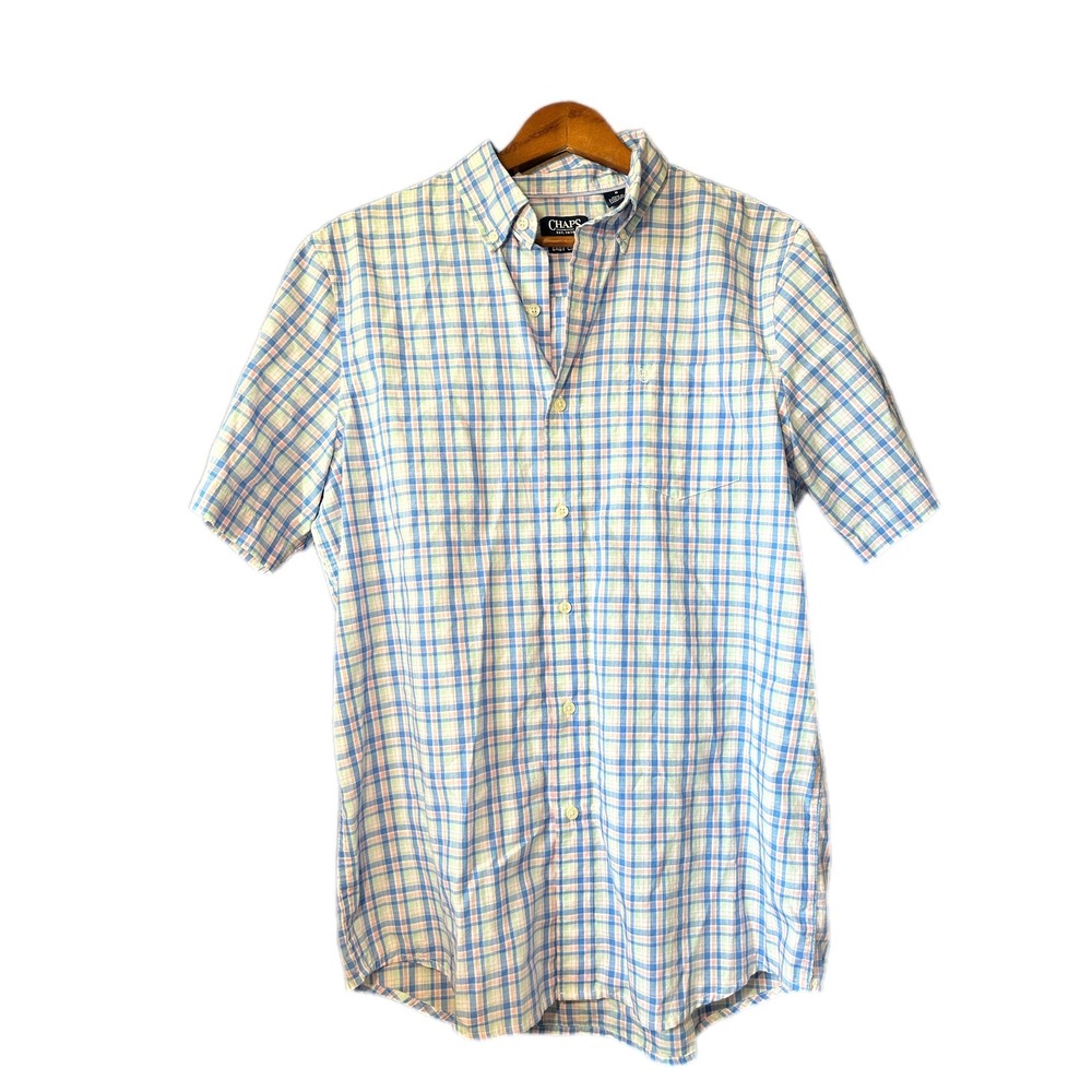 Chaps Button Down Shirt Mens Medium Blue Plaid Excellent‎ Short Sleeve Easy Care